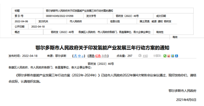 鄂尔多斯印发氢能三年行动方案：2024年建60座加氢站，推3000辆燃料电池车