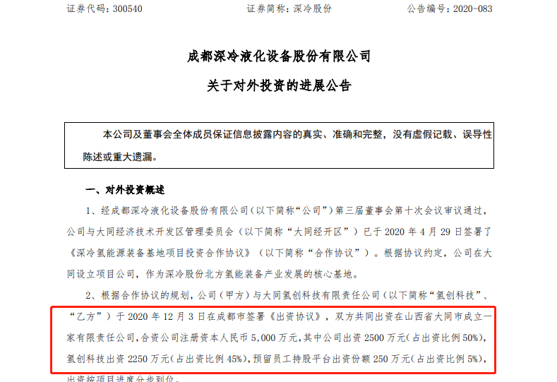 深冷股份：出资2500万，与氢创科技共设山西深冷氢能合资公司