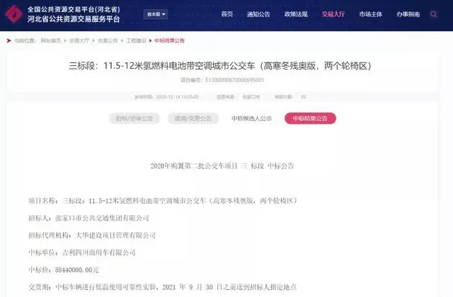 总价4.13亿元，宇通、中通、吉利和北汽中标张家口氢能公交车